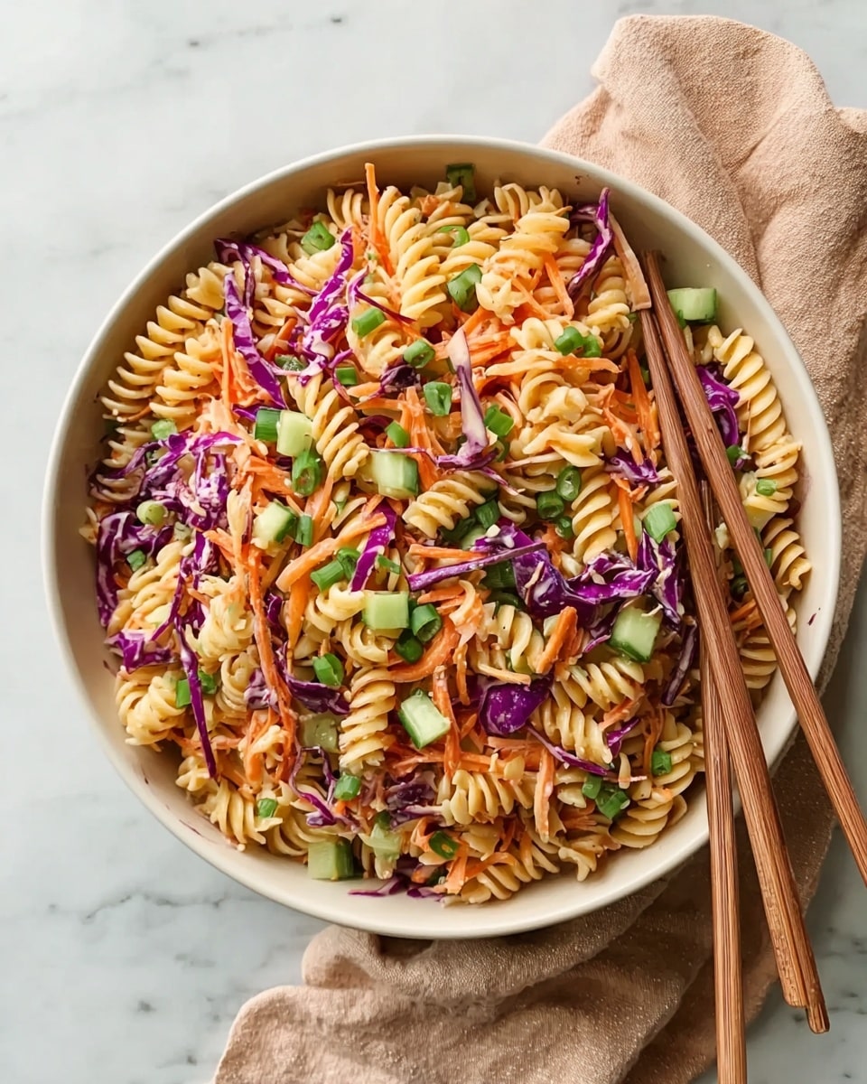 A large white bowl filled with a colorful pasta salad shows three main layers: light tan spiraled pasta as the base, mixed with thin strips of bright purple cabbage and thin orange carrot sticks scattered on top. Small green cucumber cubes and chopped green onions are sprinkled evenly all over the salad. Two wooden chopsticks rest on the right side of the bowl over the salad. The bowl sits on a soft beige cloth on a white marbled surface. photo taken with an iphone --ar 4:5 --v 7