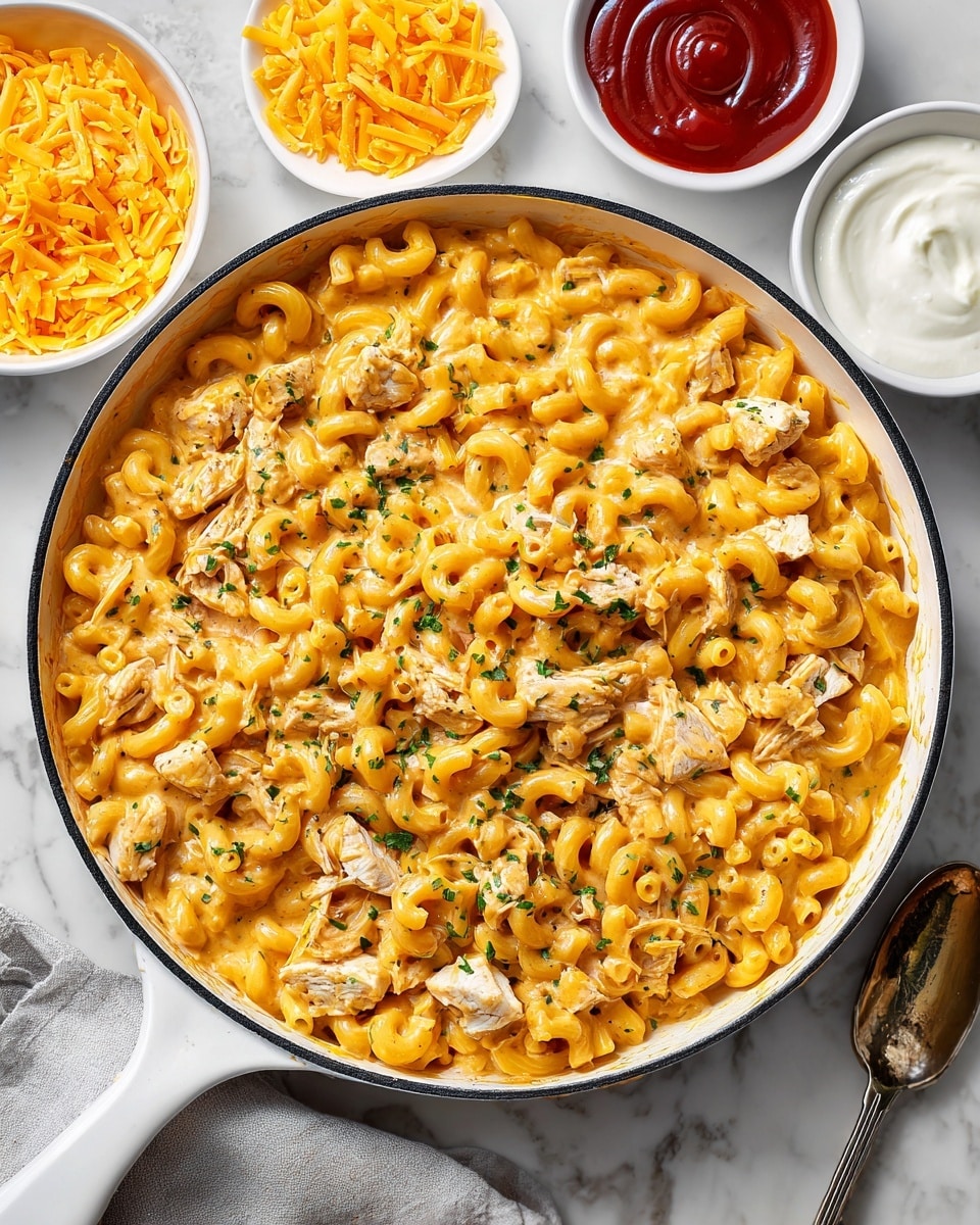 A white pan filled with creamy orange macaroni pasta mixed with small chunks of white chicken and green herbs scattered throughout. On the left side, there are two small white bowls, one with shredded and solid yellow cheddar cheese and the other two with white and red sauces. The background is a white marbled surface. photo taken with an iphone --ar 4:5 --v 7
