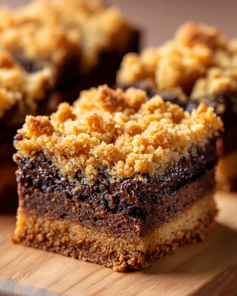 The image shows a close-up of a square dessert bar with two clear layers: the bottom layer is a dense, dark brown brownie with a moist texture, and the top layer is a golden crumbly streusel topping with uneven small clumps and a grainy look. The bar is resting on a light brown wooden surface, with other pieces of the same dessert visible blurred in the background. photo taken with an iphone --ar 4:5 --v 7