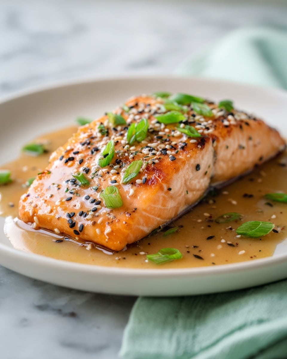 A single piece of cooked salmon with a light golden orange color is placed in the middle of a white plate. The salmon is topped with small pieces of green onion and black sesame seeds, and covered with a shiny, light brown sauce that pools slightly around the fish. Some green onion pieces are scattered on the plate near the salmon, which sits on a white marbled surface. A pale green cloth is partly visible in the lower right corner. Photo taken with an iphone --ar 4:5 --v 7