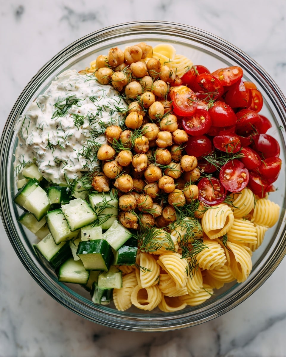 A clear glass bowl holds a layered dish starting with a base of yellow pasta shells at the bottom right, topped with chopped red cherry tomatoes and bright green cucumber slices scattered mainly on the left side. On top of these vegetables is a layer of golden brown chickpeas, some covered by a creamy white dressing sprinkled with fresh green dill. The bowl is set on a white marbled surface. photo taken with an iphone --ar 4:5 --v 7