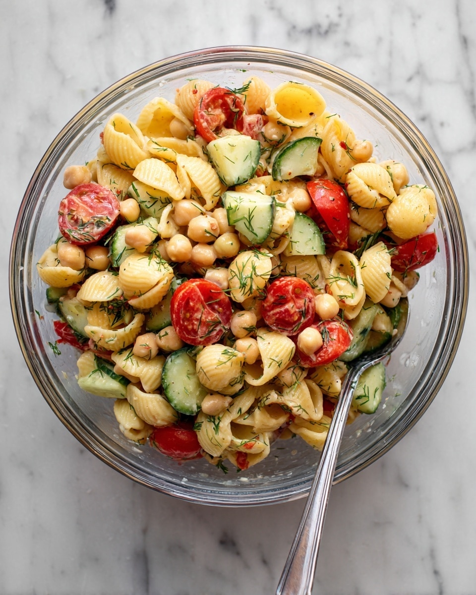A clear glass bowl filled with three layers of food: the top layer is creamy yellow shell pasta, mixed with small light brown chickpeas, bright red quartered cherry tomatoes, and green cucumber slices. The ingredients are mixed together with small bits of fresh green dill, creating a colorful mix. A silver spoon is placed inside the bowl on the right side, partially buried in the salad. The bowl sits on a white marbled surface photo taken with an iphone --ar 4:5 --v 7