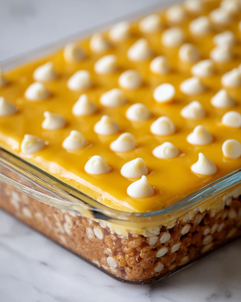 Two stacked square bars sit on a white marbled surface. Each bar has two visible layers: a bottom light brown crispy layer with a slightly rough texture, and a thick top layer filled with yellow kernels covered in a shiny, sticky golden glaze. The kernels look soft and plump, and the glaze adds a wet, glossy look to the top. Photo taken with an iphone --ar 4:5 --v 7