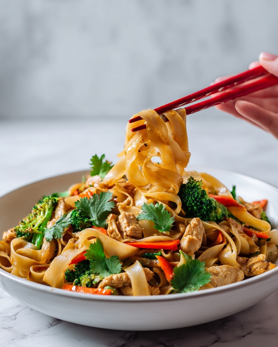 This image shows a close-up of a white bowl filled with wide rice noodles, cooked chicken pieces, green broccoli florets, and bright orange carrot strips, all mixed with a light orange spicy sauce. A woman's hand is holding red chopsticks picking up a small bundle of glossy noodles twisted around them. Some fresh green cilantro leaves are scattered on top, adding a fresh touch. The background is a white marbled surface, softly blurred to keep focus on the food. photo taken with an iphone --ar 4:5 --v 7