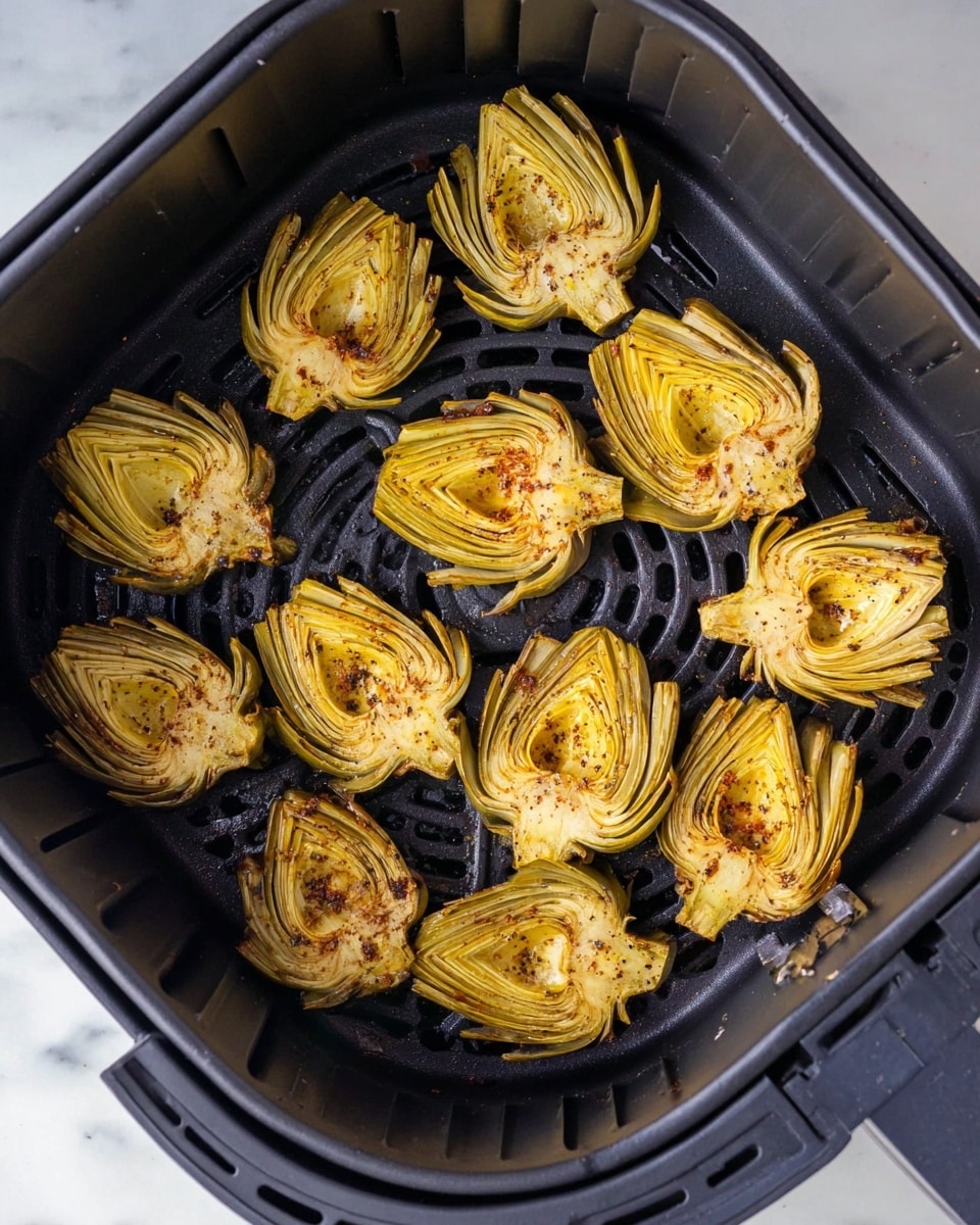 Inside a black air fryer basket, there are eleven cooked artichoke halves arranged evenly. Each artichoke half has a golden-yellow color with some brown crisp edges and a soft texture showing the layered leaves. The seasoning with small black pepper specks is visible on the surface. The basket has a pattern of slots and circles, creating a contrast with the artichokes. The whole image is set on a white marbled surface. photo taken with an iphone --ar 4:5 --v 7