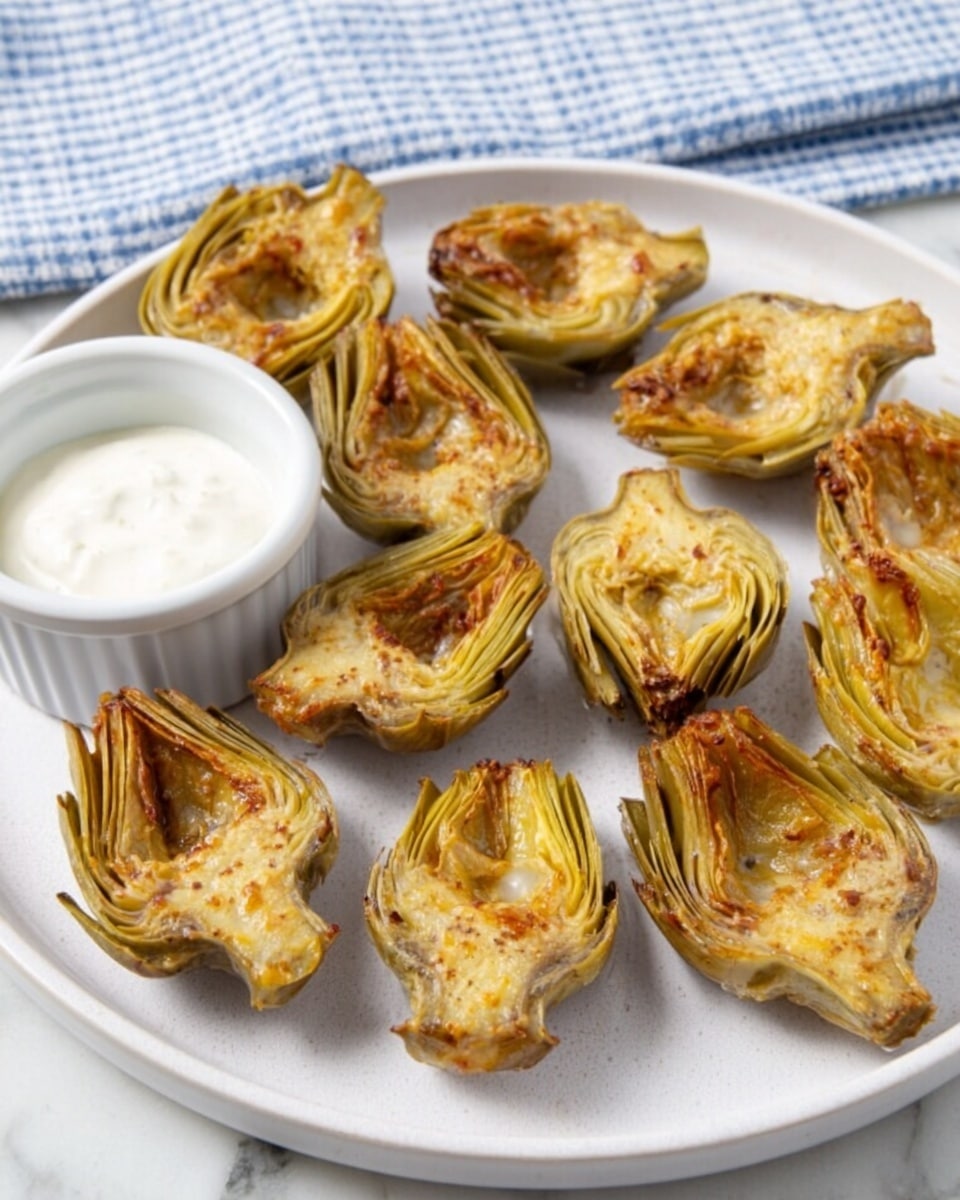 A white plate features ten small, roasted artichoke halves arranged in a loose circle. Each artichoke half has a golden-brown, slightly crispy surface showing layers of tender leaves with some darker roasted edges. A small white ramekin filled with creamy white dipping sauce sits near the upper left side of the plate. The plate is set on a white marbled surface with a blue and white checkered cloth in the top background. Photo taken with an iphone --ar 4:5 --v 7