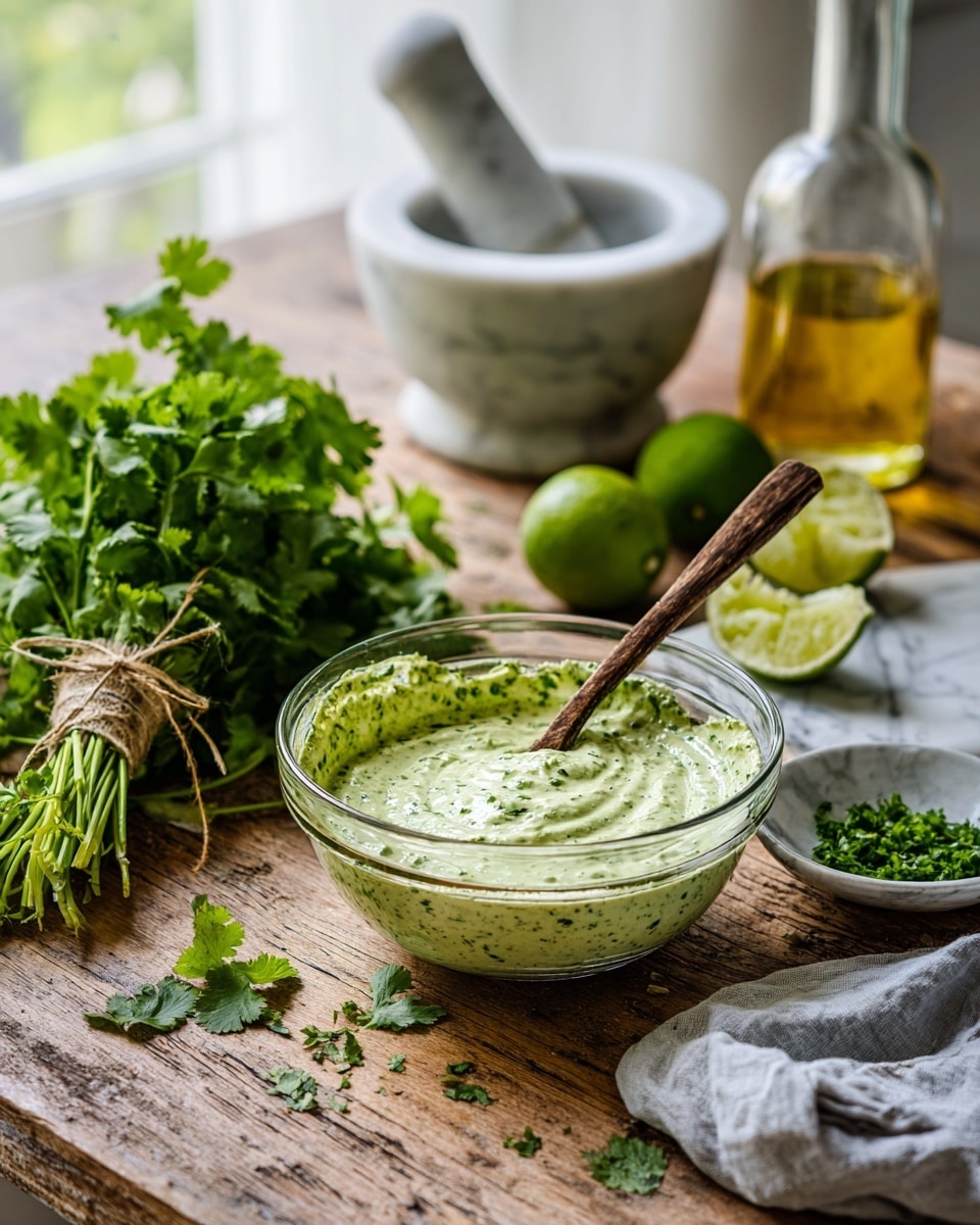 A clear glass bowl sits on a wooden table, filled with a thick, creamy green sauce speckled with darker green bits, with a small wooden spoon resting inside. To the left of the bowl, there is a bunch of fresh cilantro tied with string, bright green and leafy. Behind the bowl, a white marble mortar and pestle with some crushed herbs inside sits slightly blurred, along with a glass bottle filled with golden oil. To the right, there are two halved and one whole lime, all bright green, beside a small white dish with finely chopped green herbs. A light gray cloth is draped in the bottom right corner on the wooden table. The background is softly lit with natural light from a nearby window, and the whole scene is set on a white marbled surface. Photo taken with an iphone --ar 4:5 --v 7