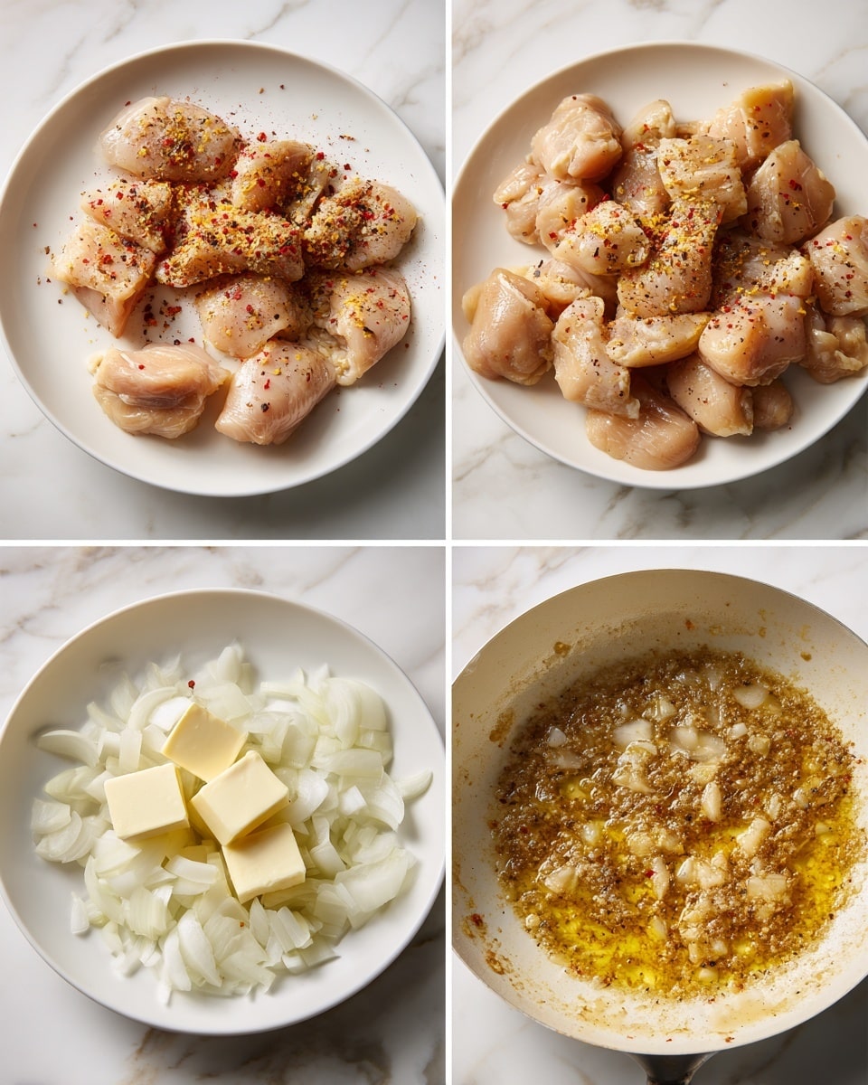 The image shows four steps of preparing chicken and sauce. The first part has a white plate with raw chicken pieces sprinkled with red and yellow spices, the chicken is pale pink with scattered spices on top. The second part shows the same chicken pieces on a white plate, but now they are cooked to a golden brown color with a slightly shiny texture. The third part is a close-up of chopped white onions and two pieces of butter melting in a pan with bubbling oil or butter below. The last part shows the onions cooking in a golden, bubbly liquid, indicating they are softening and mixing with the melted butter or oil, creating a rich sauce base. All these are shown on a surface with a white marbled texture. photo taken with an iphone --ar 4:5 --v 7