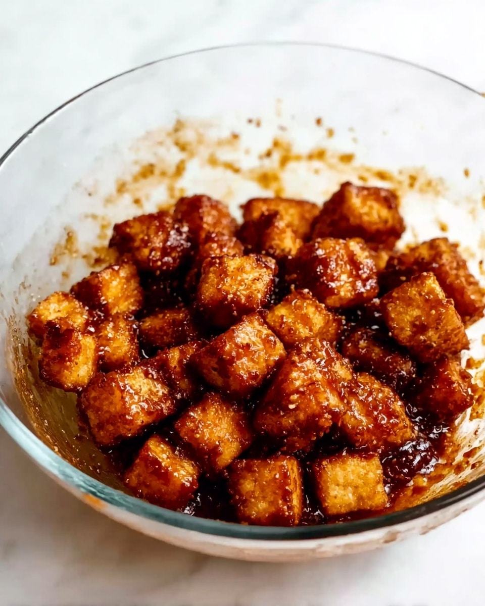 The image shows a clear glass bowl filled with small, golden-brown crispy cubes coated in a rich, dark reddish-brown sauce. The sauce looks thick and sticky, and it covers each cube evenly, giving them a glossy and textured appearance. The bowl sits on a white marbled surface, with some sauce splattered lightly on the sides of the bowl, adding a casual, fresh-cooked feel to the scene. photo taken with an iphone --ar 4:5 --v 7