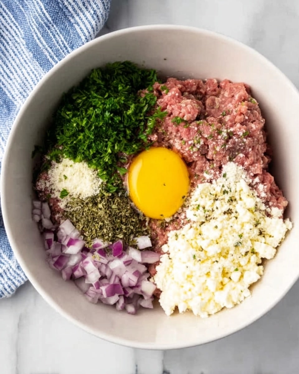 A white bowl shows layers of raw ground meat in the center, surrounded by a bright yellow raw egg yolk on the left, finely chopped red onions on the right, and white crumbled cheese at the bottom. Above the meat are pale minced garlic and a sprinkle of green dried herbs. Fresh green chopped parsley is on the left side of the bowl. The bowl sits on a white marbled surface, with a blue and white cloth partially visible at the top edge. The textures vary from soft raw meat, creamy cheese, smooth egg yolk, to finely chopped onions and herbs. Photo taken with an iphone --ar 4:5 --v 7