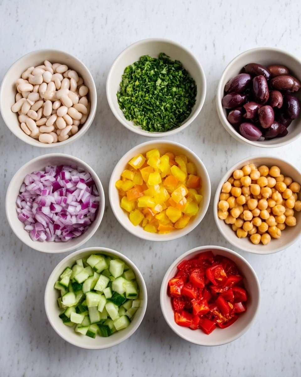 The image shows eight small white bowls filled with different chopped ingredients arranged on a white marbled surface. Starting from the top left, the first bowl holds white beans with a smooth soft texture, next to it is a bowl filled with finely chopped green herbs. To the right is a bowl with dark purple sliced olives with a firm texture. Below the olives is a bowl holding diced yellow vegetables with a bright color and smooth texture. Moving down to the bottom left, the first bowl contains diced red onion with a crisp texture, followed by a bowl of small diced green cucumber pieces with a fresh look. Next to the cucumber is a bowl with red diced vegetables with a shiny surface, and in the center is a bowl filled with round golden chickpeas that have a slightly rough texture. Photo taken with an iphone --ar 4:5 --v 7