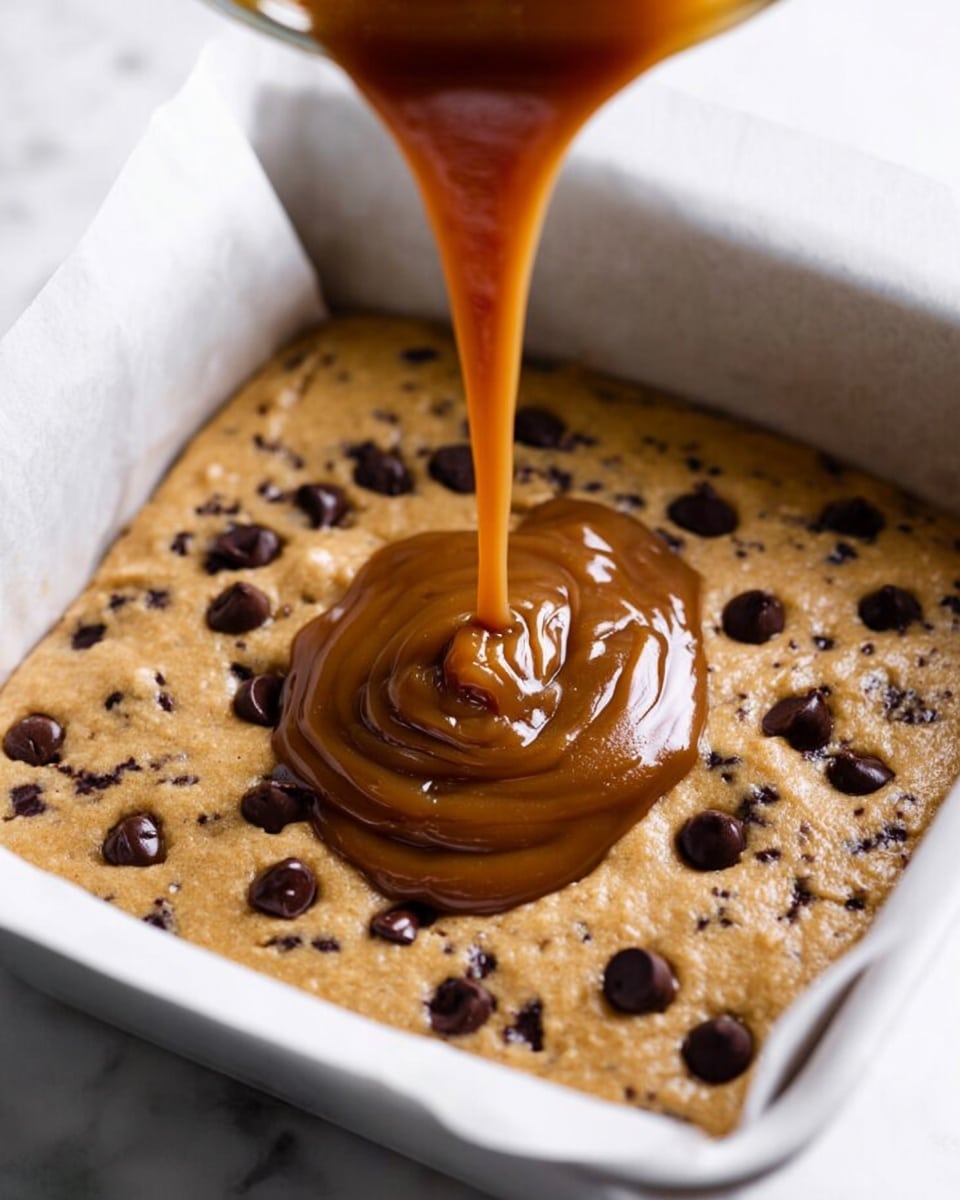 A white square baking dish filled with a thick, golden brown batter speckled with dark chocolate chips spread evenly across the surface. In the center, a thick swirl of rich, shiny caramel sauce is being poured, creating a glossy mound that contrasts with the matte texture of the batter. The edges of the batter are slightly raised and baked, and the dish is lined with parchment paper. The background shows a white marbled surface. photo taken with an iphone --ar 4:5 --v 7