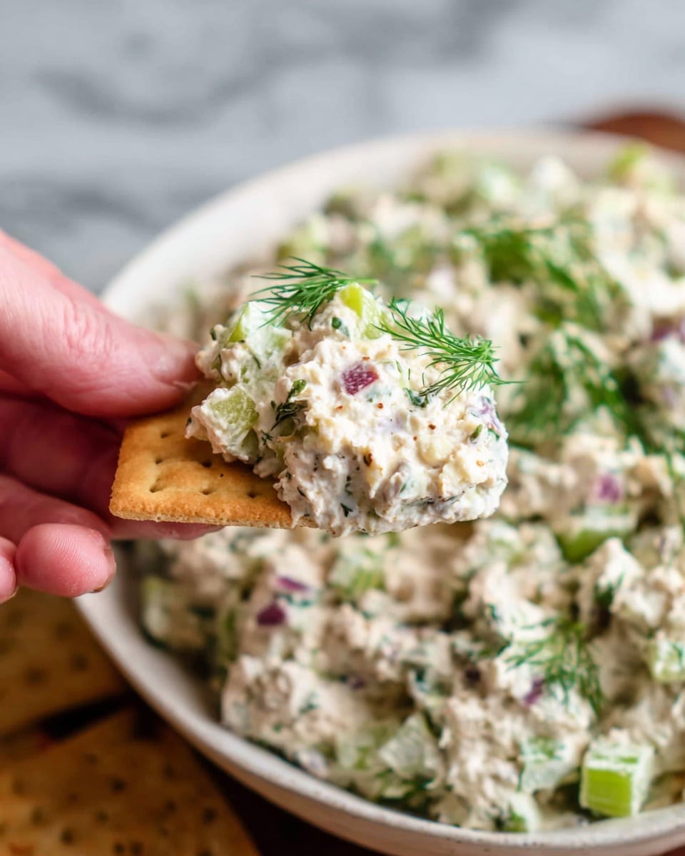 A close-up of a woman’s hand holding a single light brown cracker topped with a thick, creamy white mixture speckled with green herbs and small bits of vegetables. Underneath, there is a large white bowl filled with the same chunky dip showing visible pieces of green celery, purple onion, and fresh dill sprigs scattered on top, all resting on a white marbled surface. The dip has a textured, slightly coarse look with a mix of colors and is garnished with fresh dill. Photo taken with an iphone --ar 4:5 --v 7