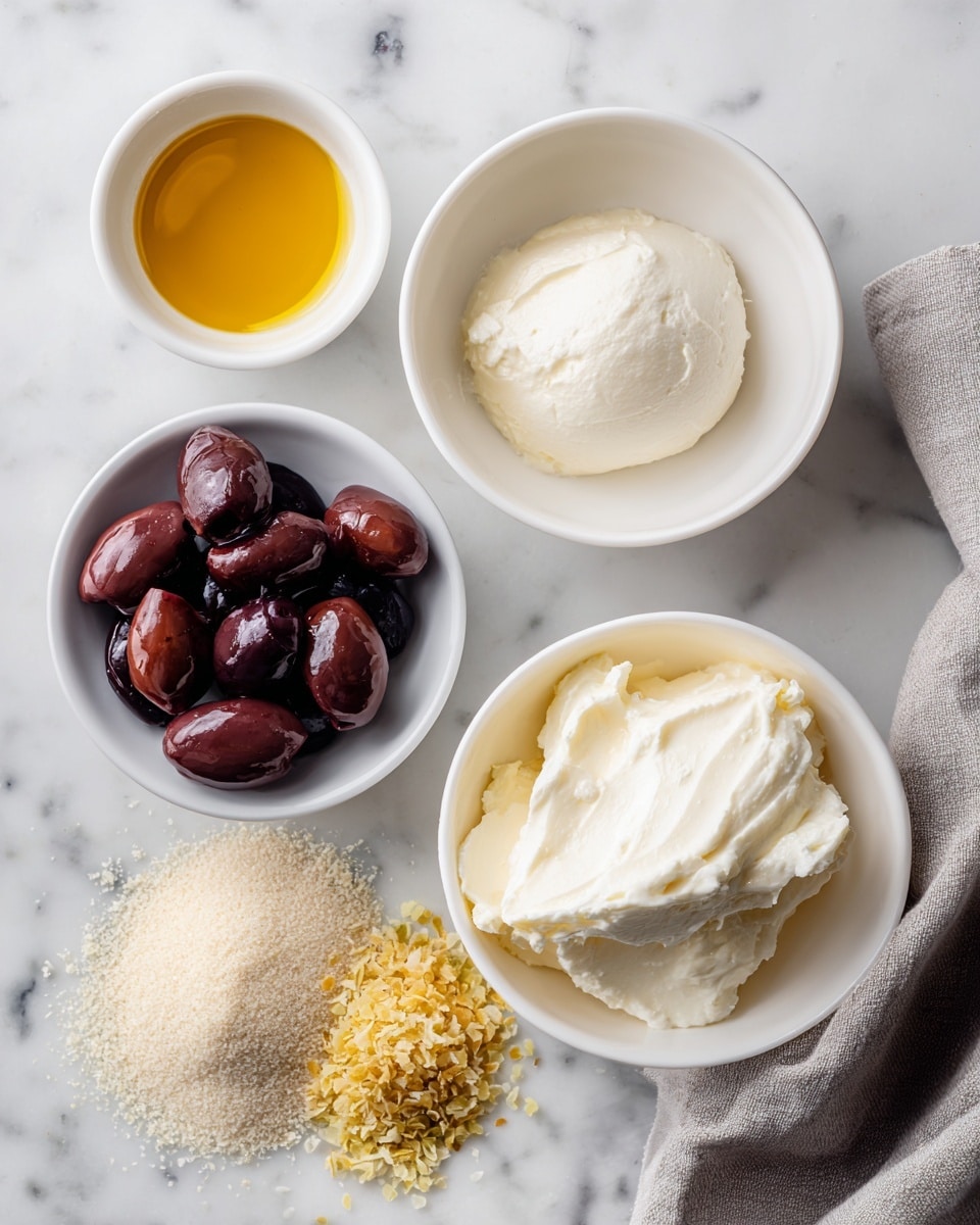 The image shows four white bowls on a white marbled surface. In the top right bowl, there is creamy, smooth off-white cream cheese with a soft texture. The bottom center bowl contains dark purple kalamata olives, some glossy and whole, some sliced showing their reddish interior. To the left top, there is a small amount of golden-orange olive brine in a white bowl that looks shiny and liquid. Below it, a small pile of pale yellow dried onion flakes sits directly on the marble surface, and next to that, there is a small heap of beige garlic powder also on the surface. A gray cloth is on the right edge of the image. photo taken with an iphone --ar 4:5 --v 7