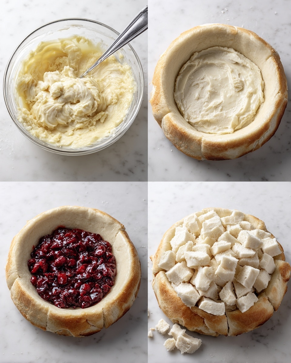 The image shows a sequence of four steps for making a dish, each step on a white marbled surface. The first step features a glass bowl with a pale yellow, creamy mixture being stirred with a spoon inside it. The second step shows a round bread bowl with its top removed, filled with dark red cranberry sauce at the center, surrounded by a light crust. The third step reveals the bread bowl now filled with a thick, pale cream-colored mixture that has a smooth and slightly lumpy texture. The fourth step shows the same filled bread bowl, now topped with chunks of torn white bread pieces around the filled part, ready for baking. Photo taken with an iphone --ar 4:5 --v 7