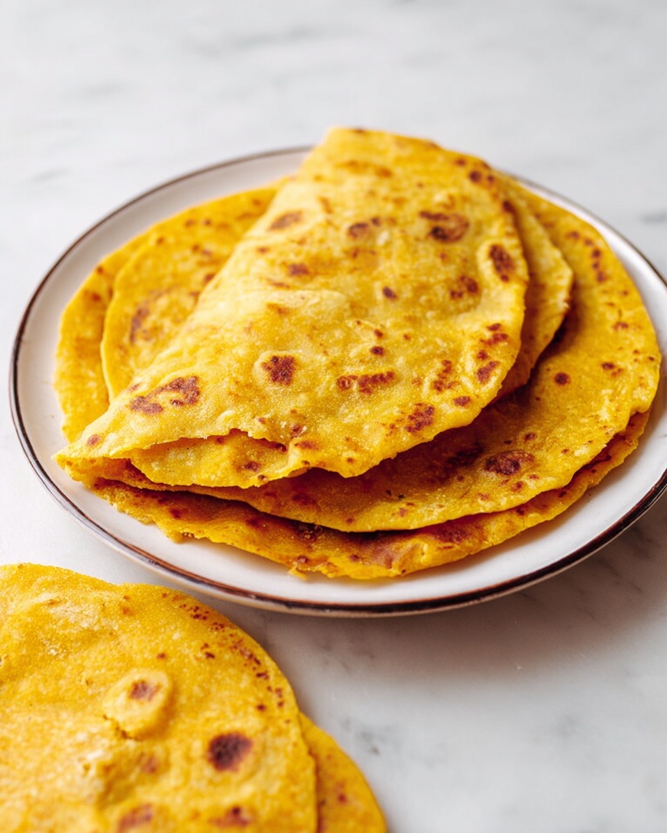 Two golden yellow flatbreads with small brown spots are stacked on a white plate with a thin dark rim. The top flatbread is folded in half, showing a soft, slightly textured surface with some uneven edges. Below the plate, a few more flatbreads lie flat on a white marbled surface, showing their round shape and the same golden color with subtle brown patches. The overall look is warm and inviting. photo taken with an iphone --ar 4:5 --v 7