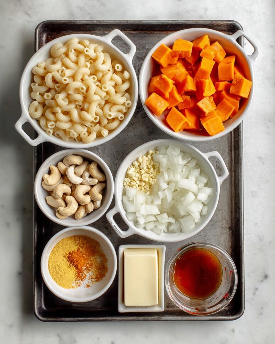 The image shows a dark metal tray on a white marbled surface, holding several white bowls and a clear measuring cup filled with ingredients. The top left white bowl is full of uncooked elbow macaroni, while the clear measuring cup on the top right contains bright orange chunks of sweet potato. Below, a medium white bowl holds chopped white onions with a small pile of minced garlic on top. A smaller white bowl to the left has raw cashews, and next to it, a tiny white bowl is filled with golden melted butter. At the bottom left, another white bowl contains a mix of yellow cornmeal, white salt, and red paprika. To the right of that, a small white bowl holds a reddish-brown liquid with two garlic cloves floating in it. Lastly, a small square block of butter sits on the tray beside the bowls. The photo is taken with an iphone --ar 4:5 --v 7
