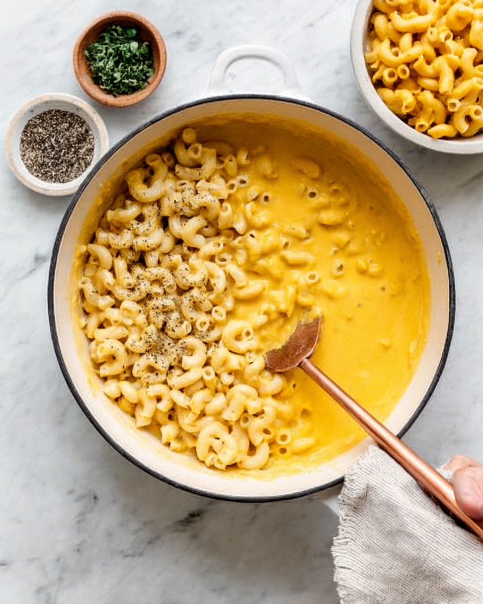 A white pot contains cooked elbow pasta mixed with bright yellow cheese sauce, with the pasta mostly on one side and the sauce on the other, showing a creamy texture. A copper spoon rests inside the pot, partially submerged in the cheese sauce. The pot is set on a white marbled surface with a small bowl of black pepper and salt and a small bowl of chopped green herbs nearby. Part of a white bowl with more elbow pasta is visible at the top right of the image. A woman's hand holds the pot from the bottom right corner. Photo taken with an iphone --ar 4:5 --v 7
