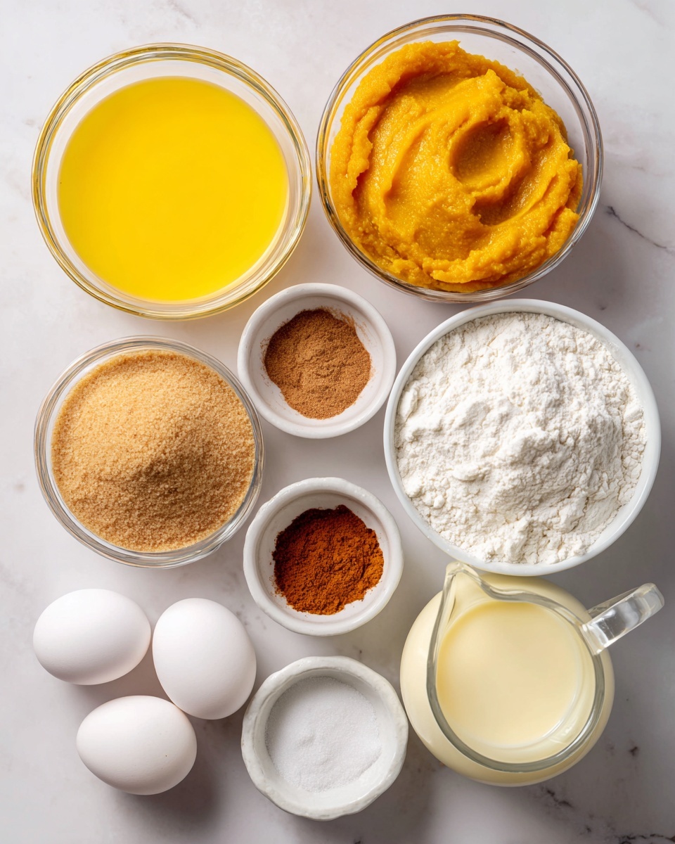 The image shows nine small clear glass and white bowls arranged neatly on a white marbled surface. From top left to right, there is a bowl of bright yellow melted butter, next to it a bowl filled with bright orange pumpkin puree with a smooth texture. Below the melted butter is a bowl of light brown granulated sugar with a rough texture. To the right, a larger bowl contains white flour with a powdery look and a small well in the center. Further below, a tiny bowl with white salt crystals is placed next to a small pile of brown pumpkin pie spice powder. To the right of the salt and spice are two white eggs resting in a white bowl, and at the bottom right is a small clear glass pitcher filled with pale yellow sweetened condensed milk, smooth and thick in texture. photo taken with an iphone --ar 4:5 --v 7