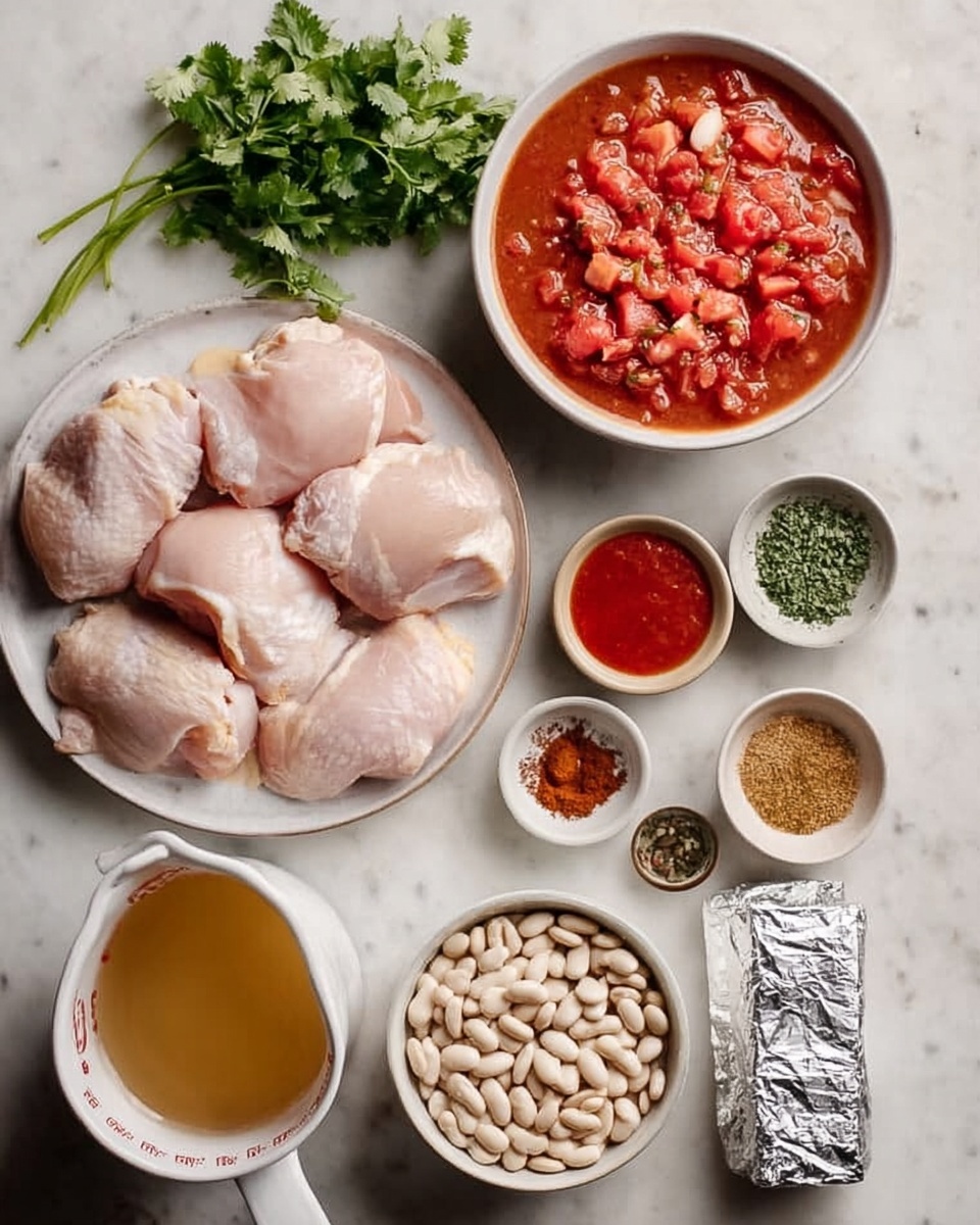 The image shows raw chicken pieces placed on a white plate in the center. Above the chicken, there is a large white bowl filled with chopped tomatoes in sauce, and next to it is a small white bowl with red sauce and a small bowl with green herbs. Surrounding the main plates are several small white bowls containing different colorful spices including red, brown, green, and beige shades. On the bottom left, there is a large white measuring cup with broth, and beside it is a white bowl filled with white beans. Wrapped cream cheese in silver foil is placed near the beans on the white marble surface background. Fresh green cilantro is seen on the top left corner. Photo taken with an iphone --ar 4:5 --v 7