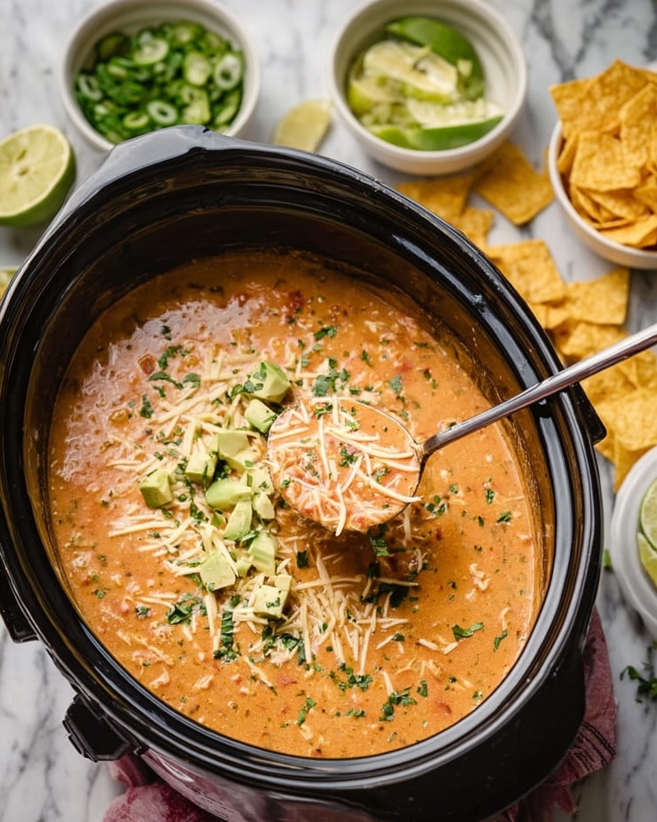 A large black slow cooker filled with thick orange soup that has visible bits of white shredded cheese, green avocado slices, and finely chopped green herbs sprinkled on top. A silver ladle is scooping a portion of the soup, showing a creamy texture mixed with chunks of ingredients. Surrounding the slow cooker are white bowls holding chopped green onions, lime wedges, and more shredded cheese, along with some scattered crispy yellow tortilla chips on a white marbled surface. The overall scene is bright and inviting, with a fresh, homemade feel. photo taken with an iphone --ar 4:5 --v 7