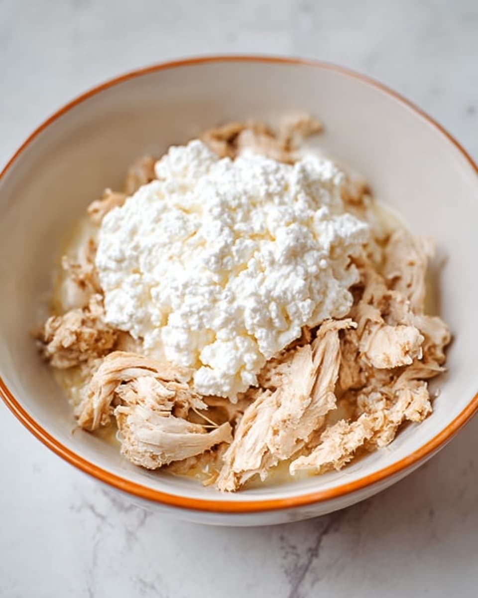 The image shows a white bowl with an orange rim placed on a white marbled surface. Inside the bowl, there is a base layer of light brown cooked, shredded chicken pieces with some light char marks. On top of the chicken, there is a scoop of white cottage cheese with a slightly lumpy, soft texture. The colors are mainly beige and white with a bit of orange from the bowl's rim. photo taken with an iphone --ar 4:5 --v 7