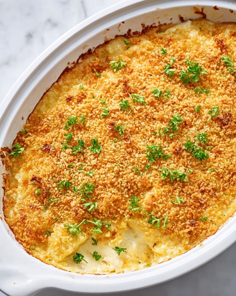 A white ceramic oval baking dish filled with a golden brown casserole topped with a crunchy layer of light golden breadcrumbs scattered evenly across the surface. Small pieces of bright green parsley leaves are sprinkled on top, adding a fresh contrast to the warm colors. The edges of the dish show the baked mixture peeking through, with a creamy light yellow base underneath the crispy topping. The dish is placed on a white marbled surface. photo taken with an iphone --ar 4:5 --v 7