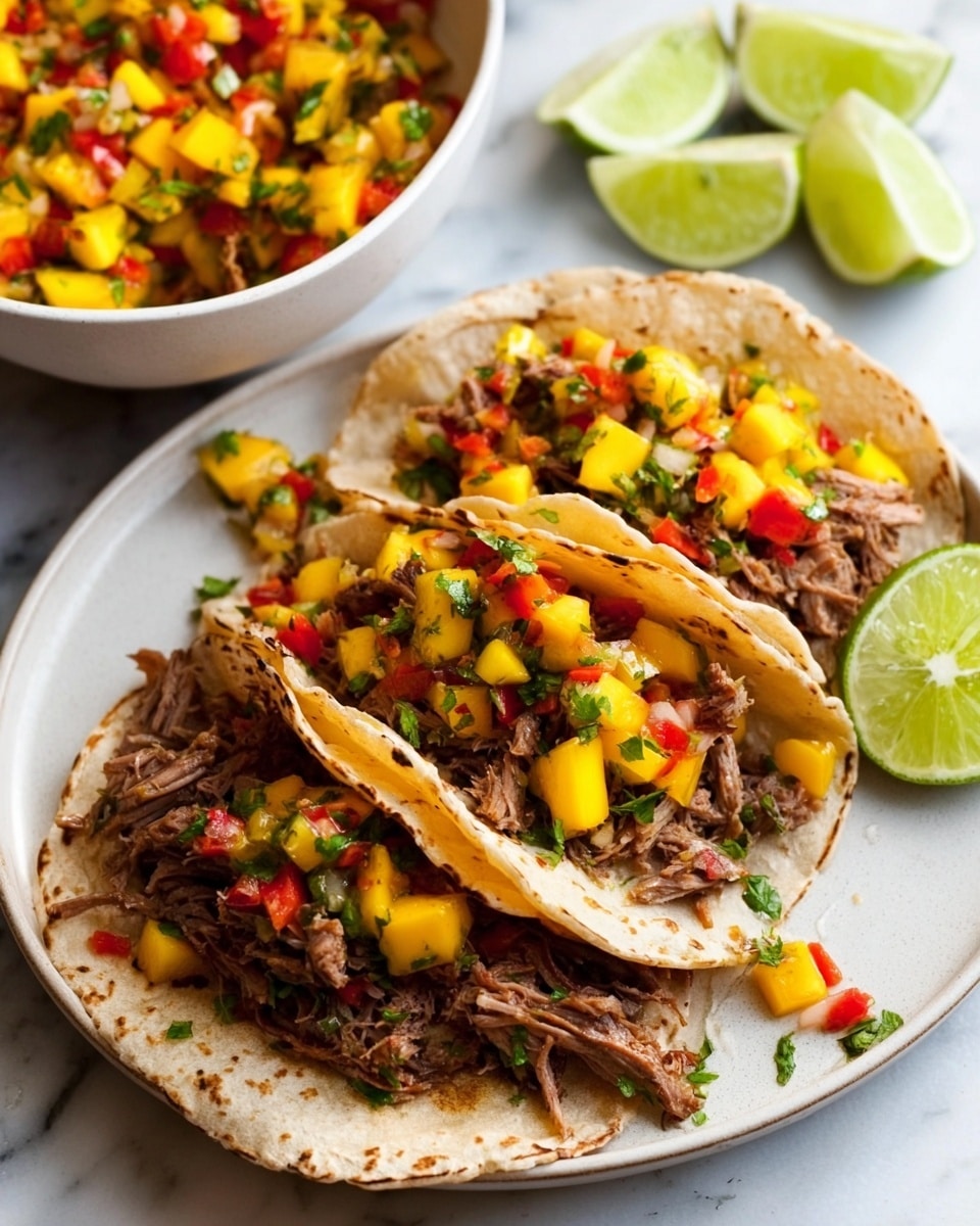 The image shows two soft corn tortillas stacked on a white plate, each filled with shredded brown meat and topped with bright yellow mango cubes, red diced peppers, and finely chopped green herbs. The tortillas have a light, slightly toasted texture. To the right of the plate are two lime wedges with a fresh green color. In the background on the left, there is a white bowl filled with more colorful mango salsa mixed with red and green bits, all set on a white marbled surface. The lighting is bright and natural, emphasizing the fresh ingredients and vibrant colors. Photo taken with an iphone --ar 4:5 --v 7
