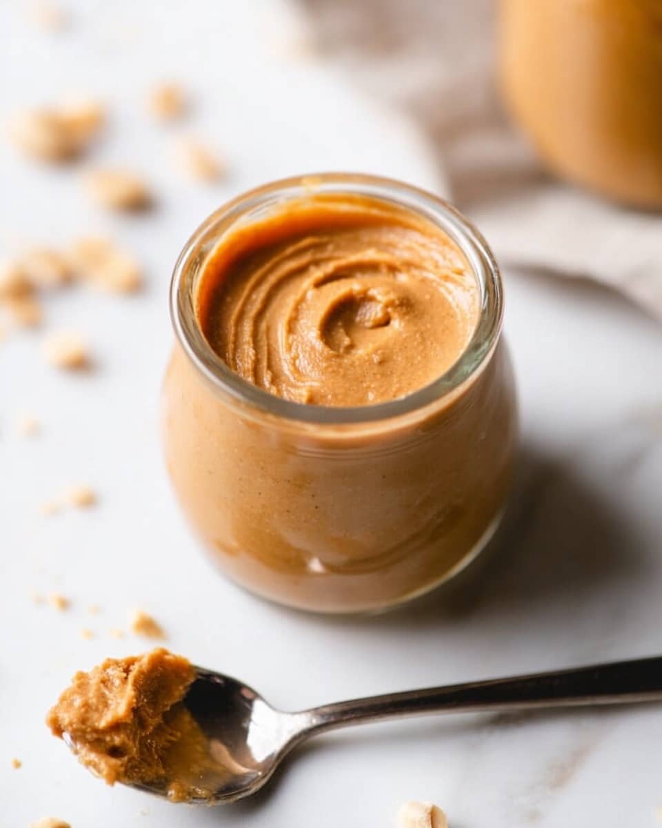 The image shows a glass jar filled with smooth, light brown peanut butter with a creamy texture and visible swirls on the surface. The jar is placed on a white marbled surface with some scattered peanut pieces around it. In front of the jar, a shiny metal spoon rests horizontally, holding a dollop of the peanut butter. The background is softly blurred, with another jar partially visible in the top right corner. photo taken with an iphone --ar 4:5 --v 7