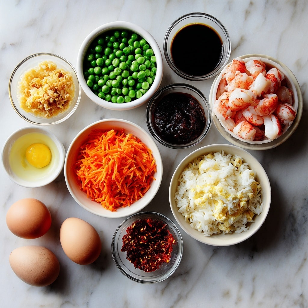 A white plate holds a serving of fried rice mixed with bright green peas, small orange carrot strips, and light golden shrimp pieces. The rice is light brown and looks slightly oily with bits of egg and small dark specks among it. To the top right of the plate, a large lobster tail shell with brown and orange colors rests on a white marbled surface. Below the plate, two wooden chopsticks with black and white patterned handles lay side by side on the same surface. Photo taken with an iphone --ar 4:5 --v 7