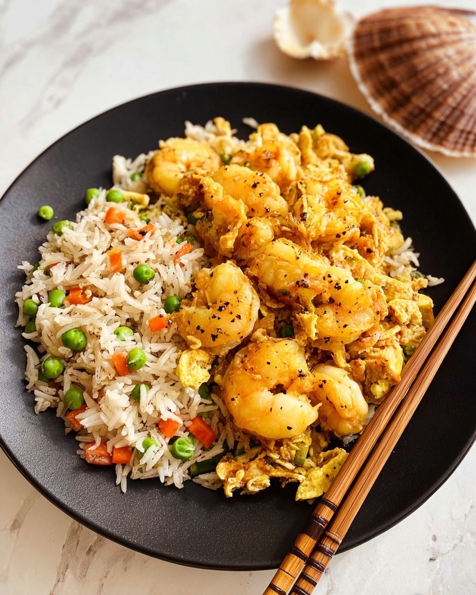 A black round plate holds three main layers of food: the base is white rice mixed with small green peas and thin orange carrot strips, the middle layer has pieces of light yellow shrimp with a slightly curled shape, and the top layer is a mix of the rice and shrimp with some black pepper flakes visible. Light brown chopsticks with black grips rest on the top right edge of the plate. The plate is placed on a white marbled surface with a blurry brown shell in the background. Photo taken with an iphone --ar 4:5 --v 7