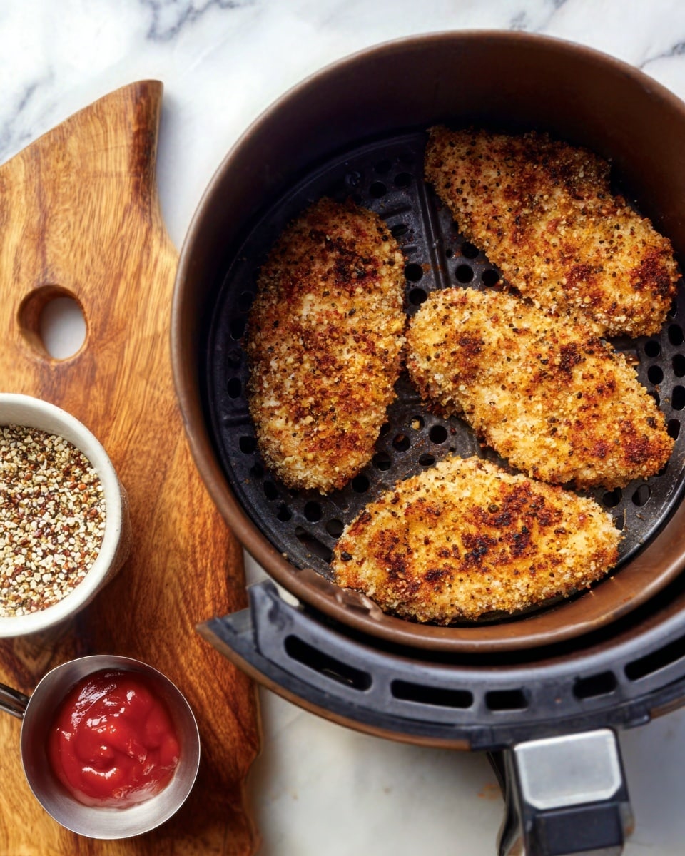 The image shows a close-up of several pieces of crispy fried chicken with a golden brown crust studded with black and white sesame seeds, piled on a white plate. The chicken pieces have a rough, crunchy texture and one piece is broken open to reveal tender, juicy white meat inside. A silver fork is holding the broken piece, showing the inside clearly. In the background, there is a small metal cup with dark sauce and a white bowl with a soft food, all set on a white marbled surface. The photo taken with an iphone --ar 4:5 --v 7