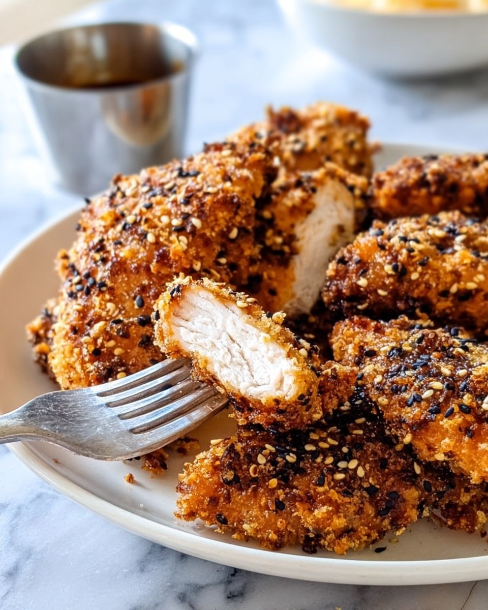 The image shows four golden-brown breaded chicken pieces inside a round air fryer basket with a dark brown color. Each chicken piece has a crunchy texture with visible seasoning spots, arranged close to each other but not overlapping. Nearby, there is a small white bowl with a mixed seed topping and a small metal cup filled with red ketchup sauce on a wooden board. The whole setup rests on a white marbled surface. Photo taken with an iphone --ar 4:5 --v 7