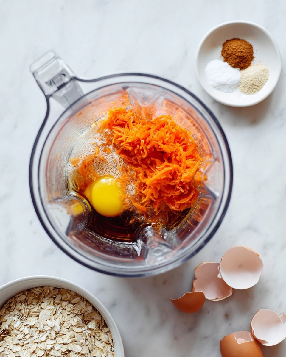 A clear blender jar sits in the center on a white marbled surface, filled with three main layers: one whole raw egg with a bright yellow yolk, a large amount of grated orange carrots covering about half the jar, and a dark liquid that seems to be vanilla or syrup, partially mixed with the other ingredients. To the top right, a small white dish holds three small piles of dry ingredients in white, light brown, and off-white powder forms. At the bottom edge, a white bowl is filled with rolled oats. Broken eggshells in soft brown and white are scattered to the right of the blender jar. Photo taken with an iphone --ar 4:5 --v 7