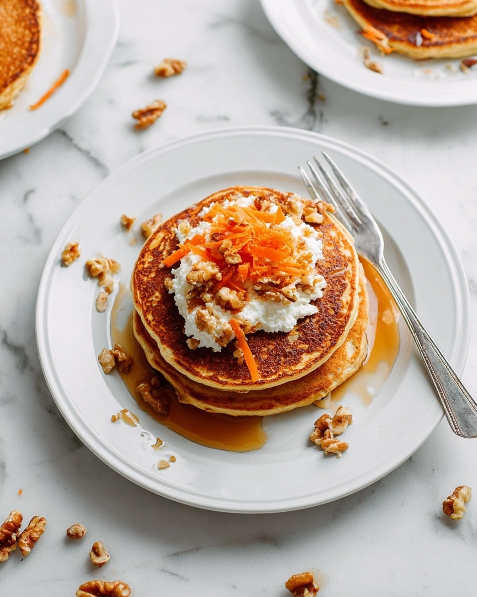 Two pancakes are stacked on a white plate. The pancakes are golden brown with a smooth texture. On top of the stack, there is a layer of white cottage cheese mixed with small walnut pieces, creating a rough texture. Thin orange shreds, possibly carrot, are scattered on the pancakes. A drizzle of amber syrup flows over the pancakes and toppings. A silver fork rests diagonally on the plate next to the pancakes. The plate sits on a white marbled surface with some scattered walnut pieces around. Photo taken with an iphone --ar 4:5 --v 7
