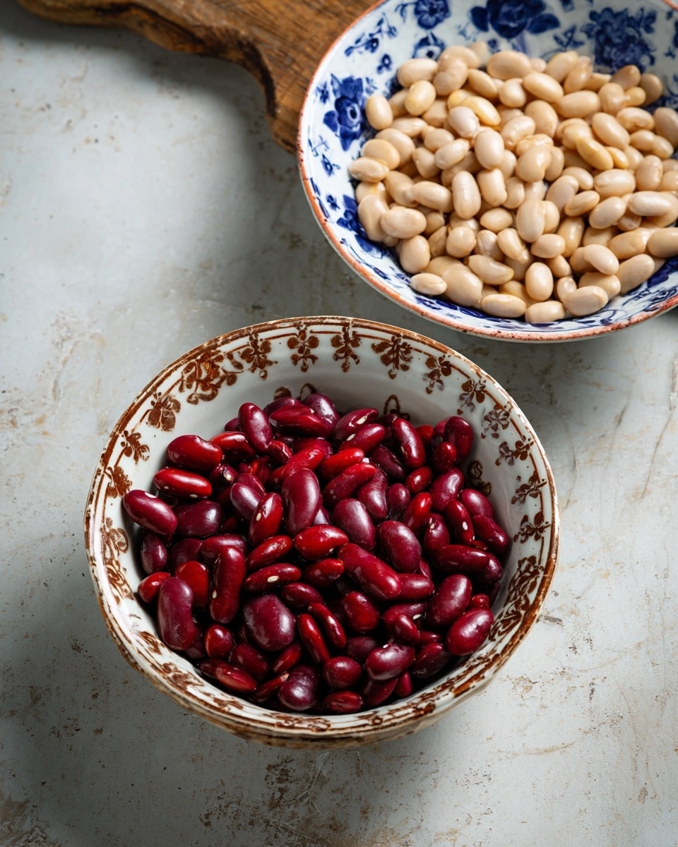 The image shows two bowls on a white marbled surface. The front bowl is white with a brown floral pattern and is filled with shiny, deep red kidney beans, layered evenly covering the bottom of the bowl. The back bowl is white with a blue floral pattern and holds a heap of pale beige beans, filling the bowl almost to the top. A wooden cutting board is partially visible in the upper left corner of the image. Photo taken with an iphone --ar 4:5 --v 7