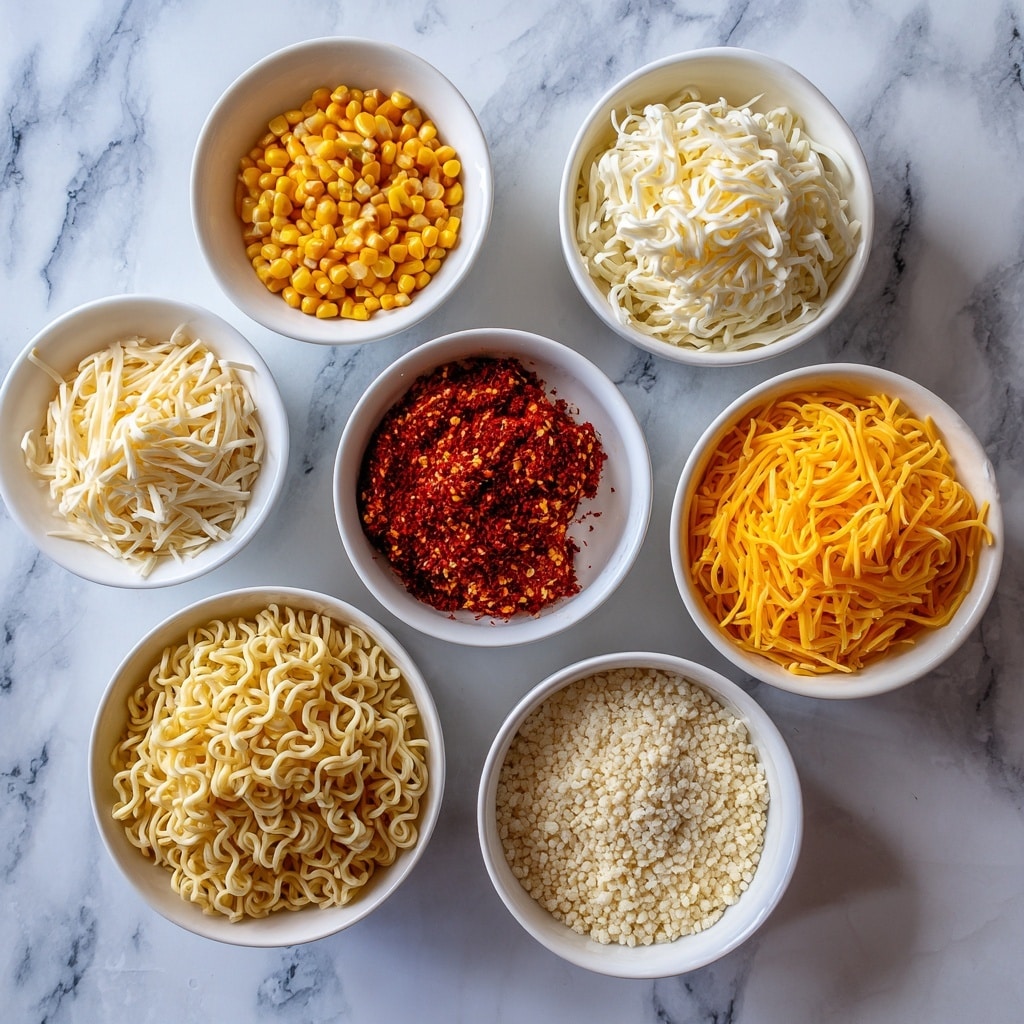 A white bowl holds two main layers of food. The bottom layer is orange-red wavy noodles, filling the base and edges of the bowl. On top is a thick layer of yellow corn kernels mixed with melted white cheese, covering the noodles almost completely. The dish is sprinkled with finely chopped green herbs, adding color contrast. The bowl sits on a white marbled surface with a jar labeled
