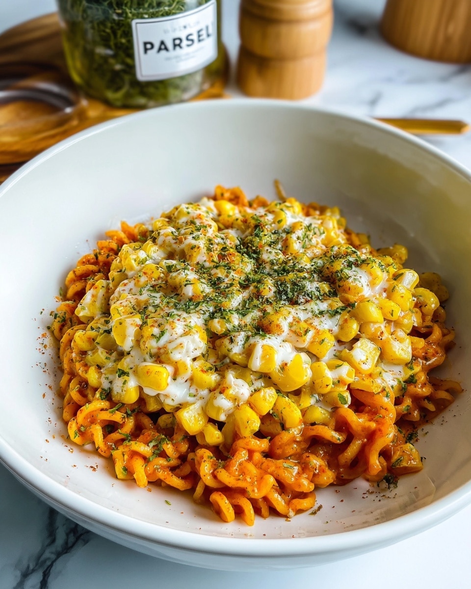 The dish shows a white bowl filled with three main layers. The bottom layer is curly orange noodles that look soft and slightly shiny. Above them is a thick layer of melted white cheese mixed with yellow corn kernels, some sprinkled with green herbs. The top layer has noodles lifted by chopsticks held by a woman's hand, with cheese stretching in thin strings connecting the noodles to the bowl. The background has a softly blurred wooden surface and jar. Photo taken with an iphone --ar 4:5 --v 7