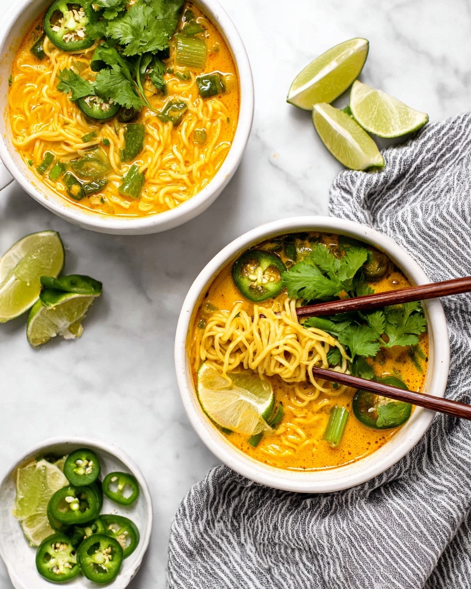 Two white bowls sit on a white marbled surface, each filled with a creamy orange broth with yellow noodles. The closer bowl shows a woman's hand holding light brown chopsticks, lifting twirled noodles from the soup. The soup layers include bright green lime wedges, green herb leaves, and sliced green chili pepper floating on top. The background bowl also holds similar ingredients with chopsticks resting inside. Some small white bowls with green herbs and lime wedges are blurred in the background. photo taken with an iphone --ar 4:5 --v 7