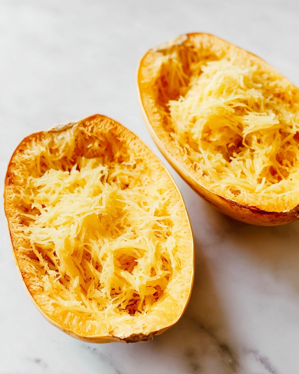 The image shows two halves of a spaghetti squash on a white marbled surface. Each half is filled with shredded, stringy flesh that is pale yellow in color. The texture looks fibrous and moist, filling the hollowed-out squash shells nearly to the edges. The outer skin of the squash is a deep yellow-orange tone, providing a bright contrast to the lighter interior pieces. The halves are positioned close to each other, with the top half centered and the bottom half slightly to the right and lower in the frame. photo taken with an iphone --ar 4:5 --v 7