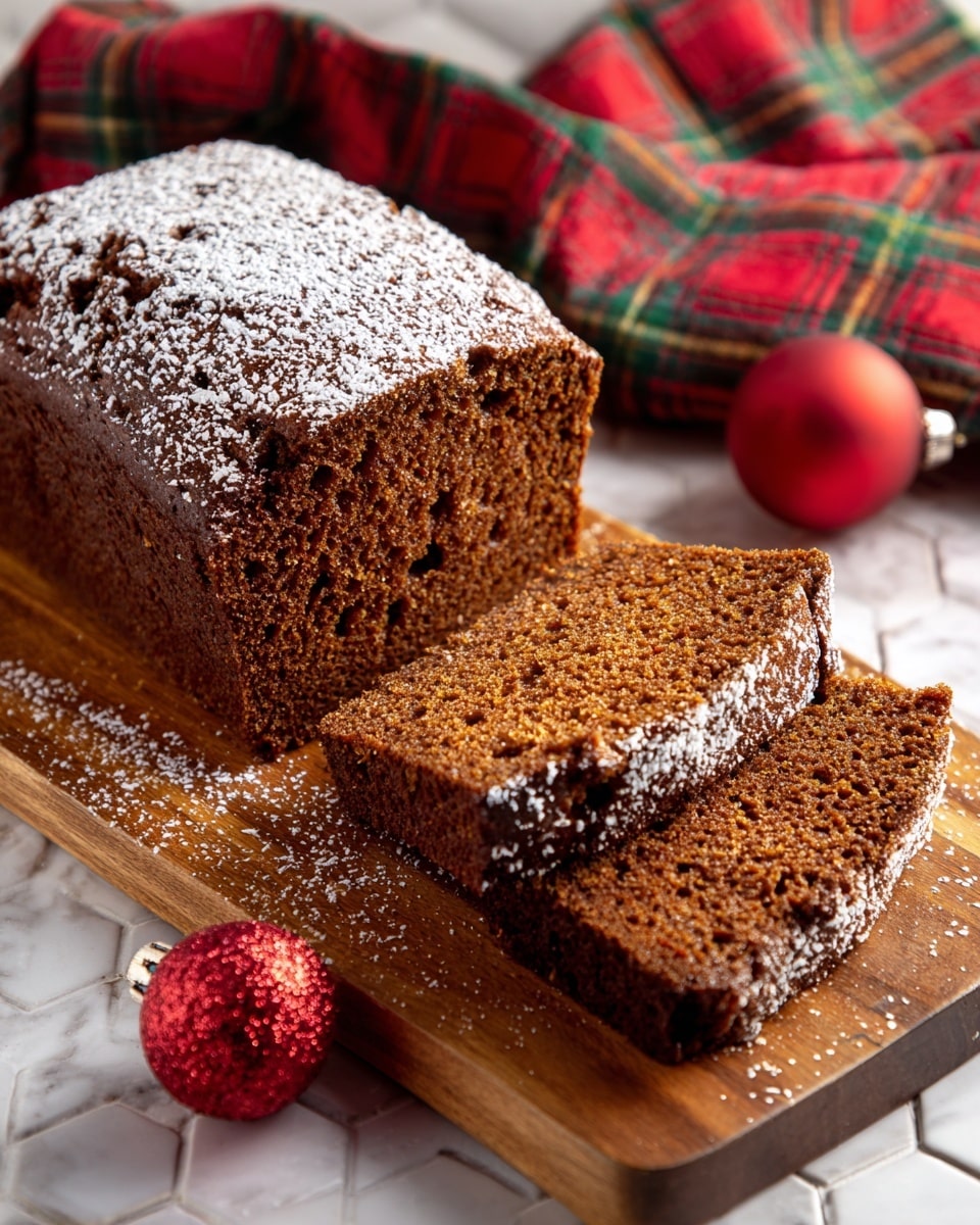 A loaf of dark brown gingerbread with a rough, textured surface lightly dusted with white powdered sugar sits on a wooden cutting board. Two thick slices are laid in front of the loaf, showing a dense, moist crumb with small air holes. The cutting board rests on a white marbled surface with hexagonal tiles, and a red and green plaid cloth is draped casually in the background. A red glittery ornament is placed near the bottom right corner. photo taken with an iphone --ar 4:5 --v 7