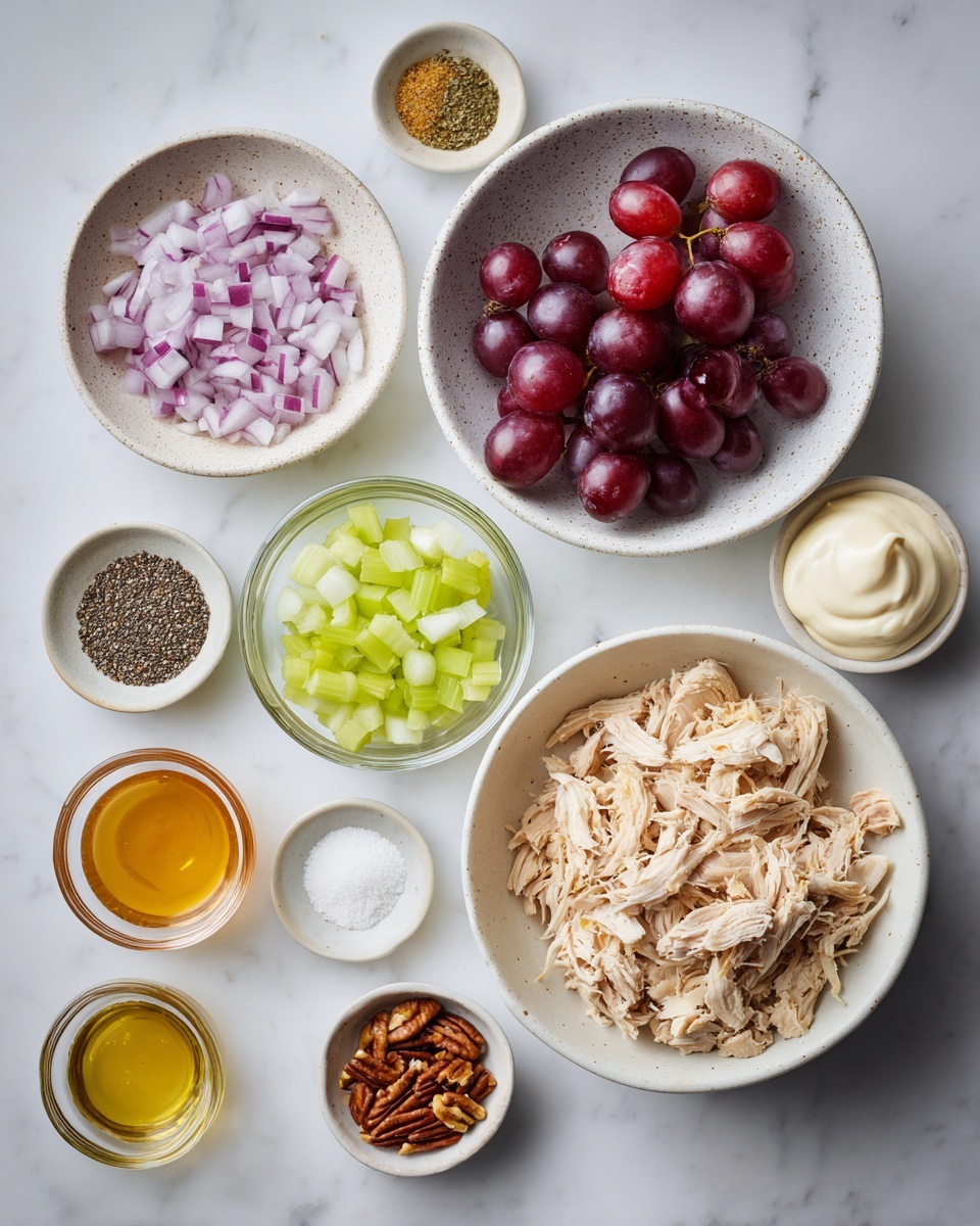 The image shows different ingredients neatly arranged on a white marbled surface. In the center, there is a white bowl filled with shredded chicken, which is light beige and has a soft texture. Above it, a white speckled bowl holds sliced red grapes, deep purple and shiny. To the left, two small clear glass bowls contain chopped red onion, which is purple and white, and diced celery, bright green with a crisp texture. Surrounding these main bowls are small white bowls with various ingredients: one with honey, golden and smooth; one with pepper, dark and coarse; one with poppy seeds, black and fine; and one with pecans, brown and roughly chopped. Below the main bowls are more small white bowls with sea salt, white and grainy; apple cider vinegar, clear with a slight yellow tint; Greek yogurt, creamy and white; and mayonnaise, smooth and off-white. The overall look is clean with each ingredient clearly separated. photo taken with an iphone --ar 4:5 --v 7