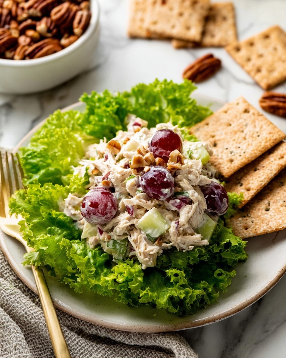 A white plate on a white marbled surface holds a bed of bright green leafy lettuce with ruffled edges, topped with a creamy chicken salad that has visible chunks of red grapes, small pieces of apple, and bits of red onion mixed with shredded chicken and mayonnaise. On top of the salad, there are small chopped nuts adding texture. Three rectangular whole grain crackers are placed upright on one side of the salad. In the background, there is a white bowl filled with pecans and some crackers lying flat on the marbled surface. photo taken with an iphone --ar 4:5 --v 7