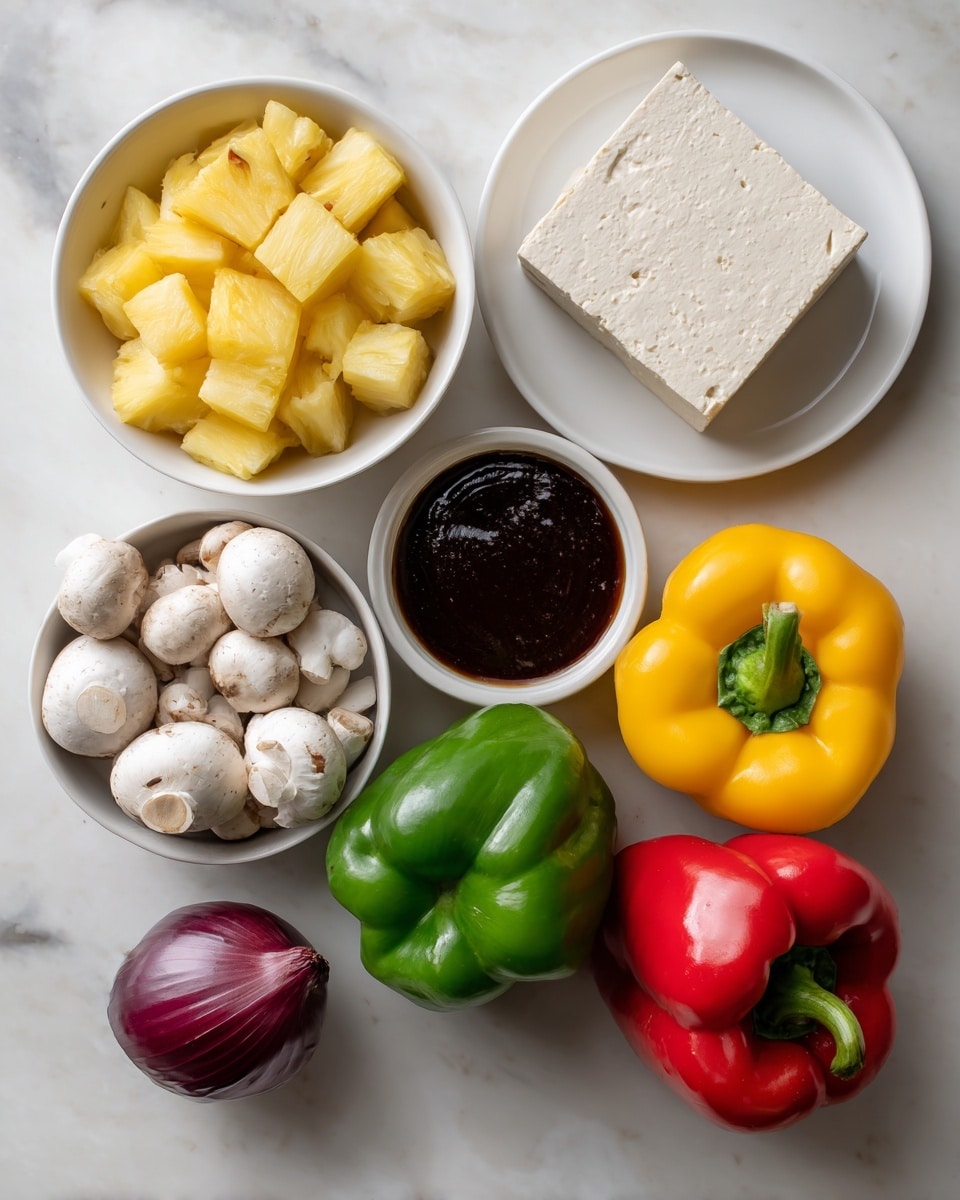The image shows seven items arranged on a white marbled surface: a white bowl full of bright yellow pineapple chunks at the top left, a block of pale beige tofu on a white round plate at the top right, a white bowl filled with small white mushrooms at the bottom left, a shiny green bell pepper in the center, a shiny red bell pepper to the right of the green, a shiny yellow bell pepper below the red, a small round purple onion near the bottom left next to the mushrooms, and a white bowl filled with dark brown BBQ sauce near the bottom center. Each item is labeled with black text on white rectangles above or beside them. photo taken with an iphone --ar 4:5 --v 7