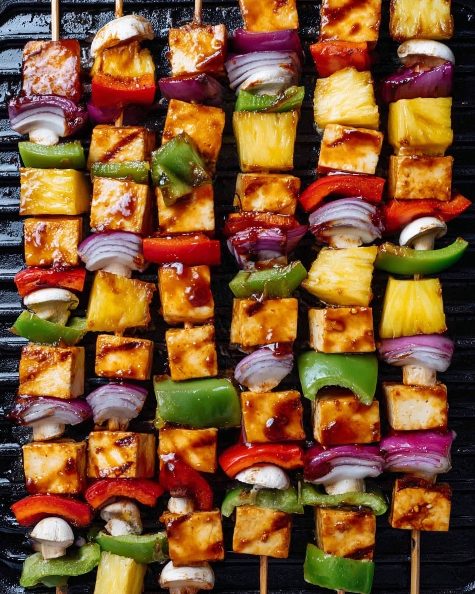 The image shows several wooden skewers laid out on a black grill, each skewer with alternating layers of grilled tofu cubes, yellow pineapple chunks, red and green bell pepper pieces, purple onion slices, and white mushroom halves. The tofu pieces have grill marks and a light brown glaze. The bright colors of the vegetables and pineapple contrast with the golden brown tofu, forming a pattern of repeated colorful layers on each skewer. The overall look is fresh and vibrant, with a mix of smooth and textured surfaces on the ingredients. Photo taken with an iphone --ar 4:5 --v 7