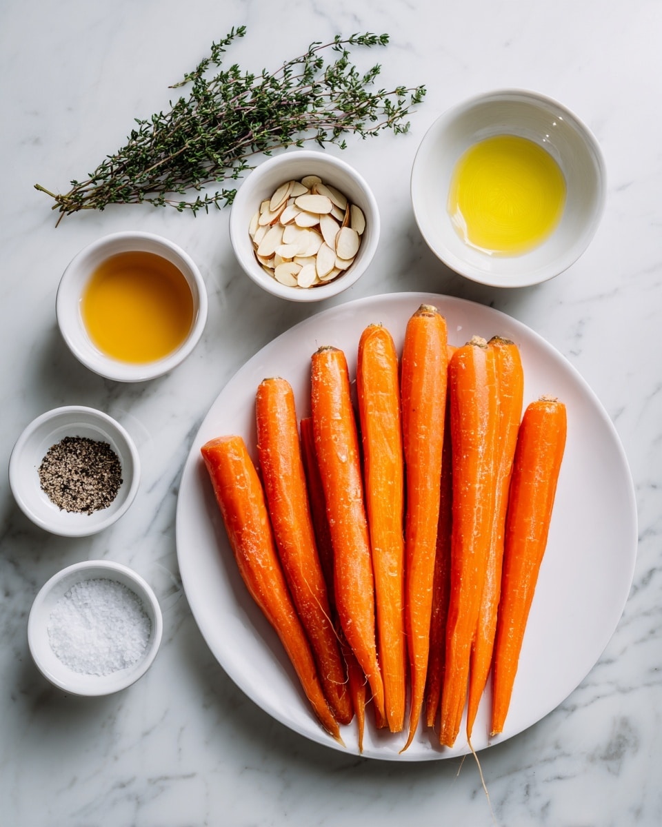 A white plate full of bright orange Dutch carrots lies at the center on a white marbled surface. Around the plate are six small white bowls: one with golden honey, one with a small bunch of green thyme, one with light yellow olive oil, one with pale tan flaked almonds, one with coarse black pepper, and one with white salt crystals. Everything is arranged neatly and evenly spaced, creating a clean and fresh look. photo taken with an iphone --ar 4:5 --v 7