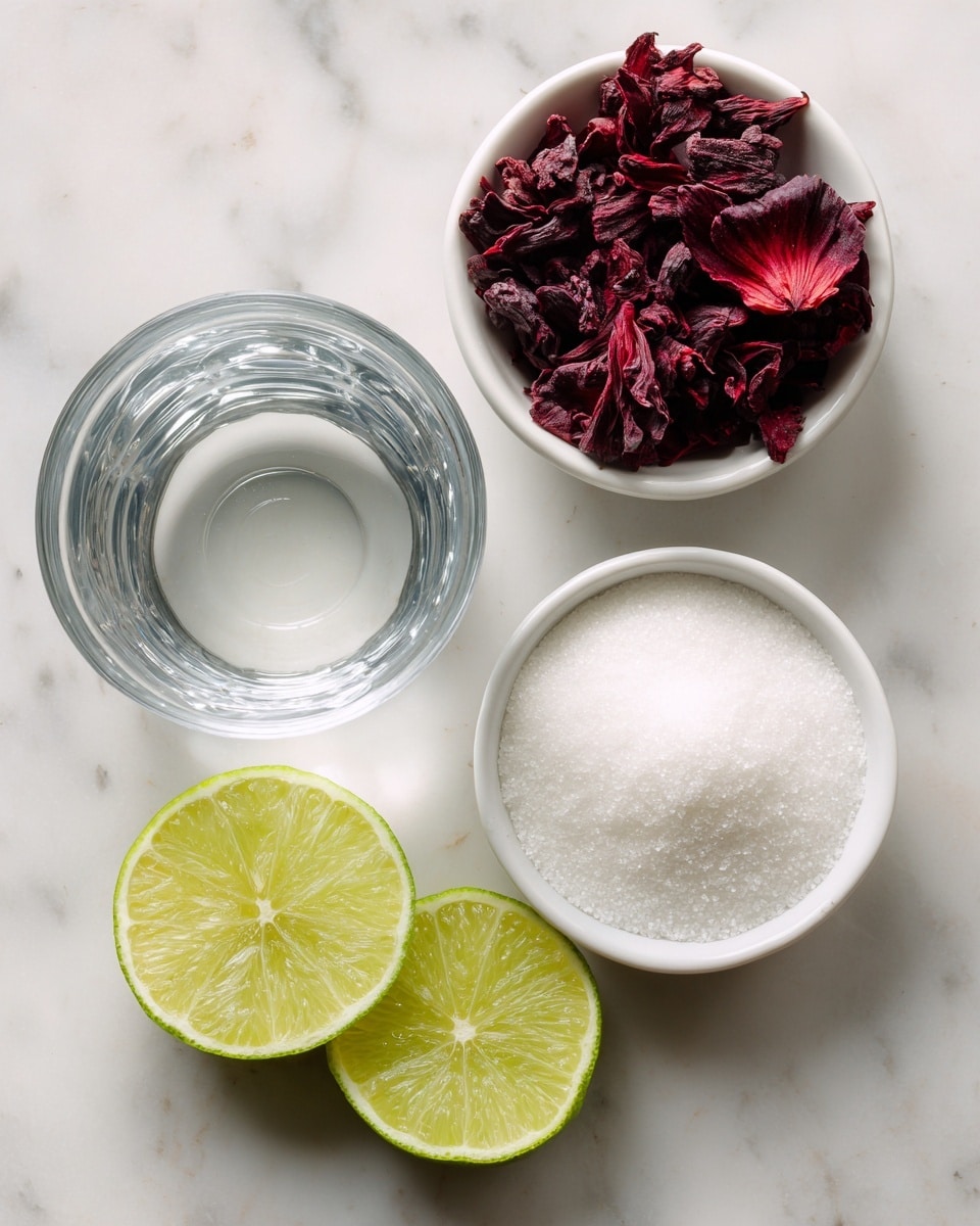 The image shows a top view of four white bowls placed on a white marbled surface. The first bowl at the top contains dried hibiscus flowers, which are deep red and slightly wrinkled. Below and to the right, a second bowl is filled with white sugar, smooth and fine. To the left in front, there is a clear glass cup holding water, showing transparency and reflections. Near the center left side, two bright green lime halves with visible pulp lie directly on the surface. The overall setting looks clean and simple, with natural colors standing out against the white marbled background. photo taken with an iphone --ar 4:5 --v 7