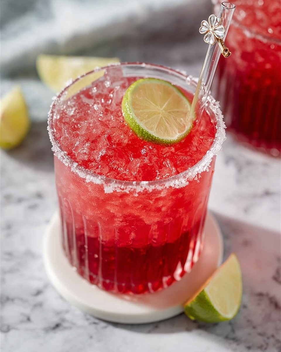 A clear glass filled with crushed ice and a bright red drink, with a slice of green lime resting on top near the edge. The rim of the glass is coated with coarse salt crystals. The glass sits on a round white coaster on a white marbled surface. A clear straw with a small decorative clover charm leans into the drink, and in the background, part of another similar glass is visible. A wedge of lime lies on the white marbled surface nearby. photo taken with an iphone --ar 4:5 --v 7