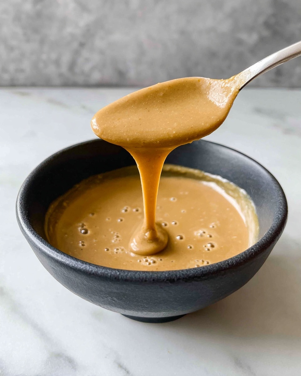 A dark bowl filled halfway with smooth, thick, light brown sauce. A spoon lifts some sauce out of the bowl, with the sauce slowly dripping back in, showing its creamy texture with tiny bubbles. The bowl sits on a white marbled surface with a faint grey marble wall in the background. photo taken with an iphone --ar 4:5 --v 7