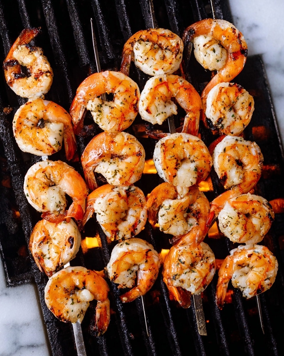 Several skewers of grilled shrimp lie side by side on dark grill grates with orange flames flickering underneath. Each skewer holds about four to five large shrimp, showing a mix of white and bright orange colors with some black grill marks and slight charring on the edges. The shrimp are curled and plump, creating a textured, layered look. The background is a white marbled texture. photo taken with an iphone --ar 4:5 --v 7